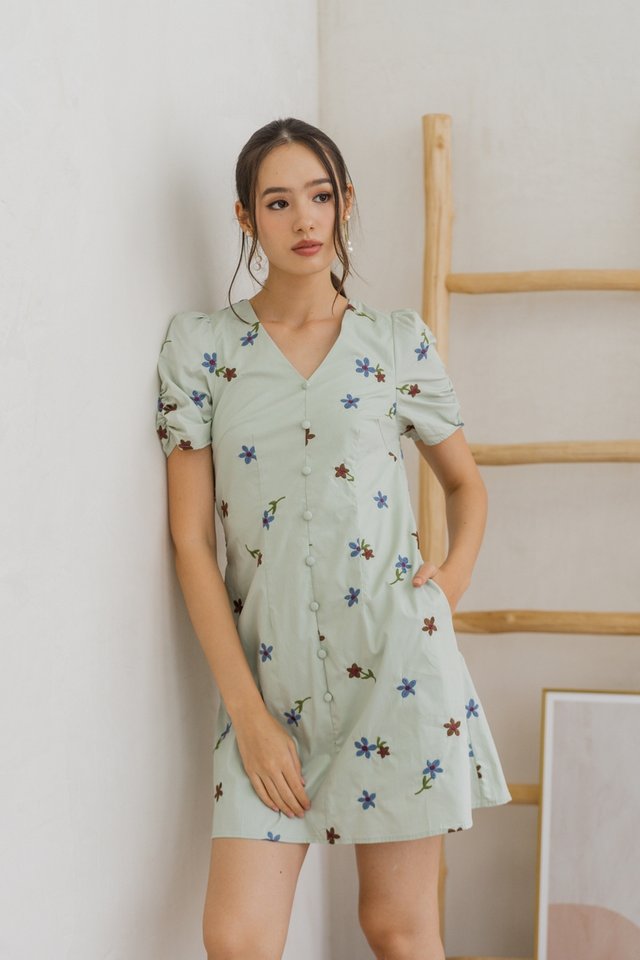 Muriel Floral Embroidery Button Dress in Sage