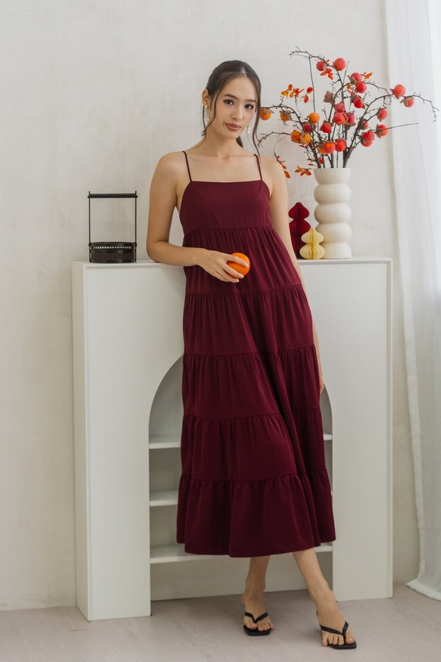 Holly Tiered Camisole Maxi Dress in Wine