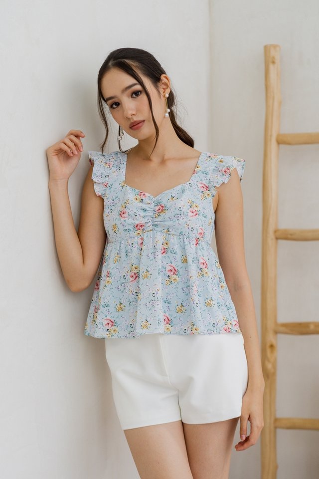 Winnie Ruched Floral Top in Blue