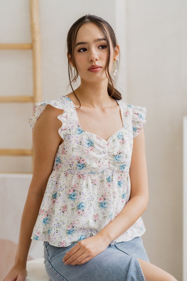 Winnie Ruched Floral Top in White