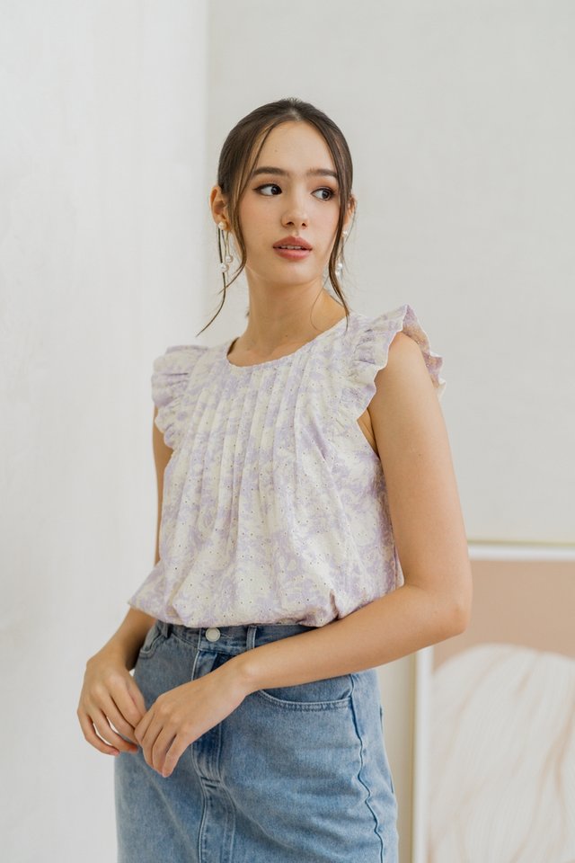 Violaine Ruffle Sleeves Eyelet Top in Lilac