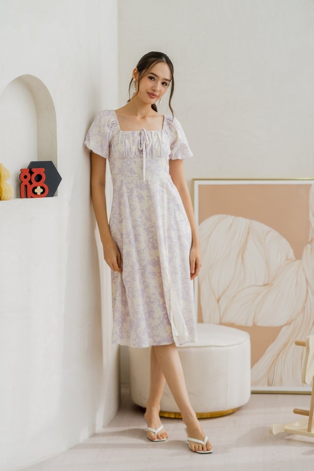 Violaine Ruched Ribbon Midi Dress in Lilac