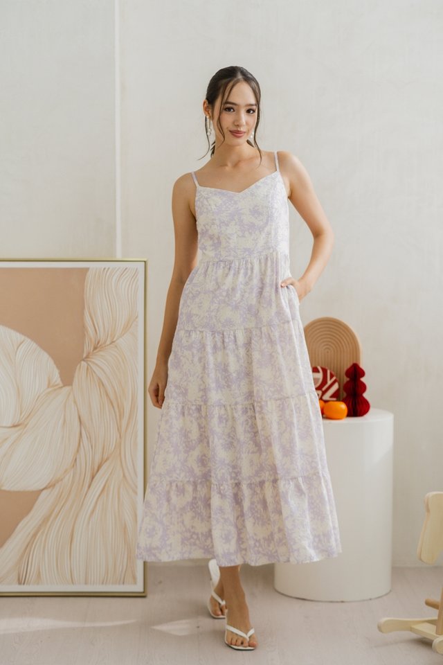 Violaine Camisole Tiered Eyelet Maxi Dress in Lilac