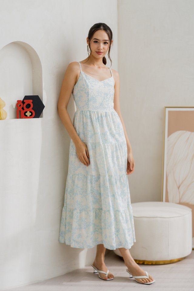 Violaine Camisole Tiered Eyelet Maxi Dress in Blue