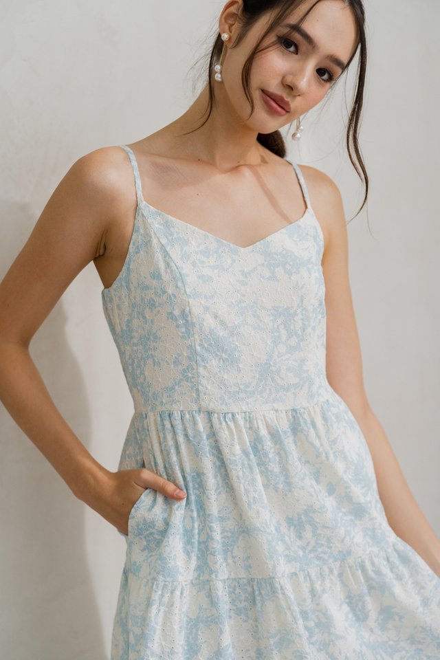Violaine Camisole Tiered Eyelet Maxi Dress in Blue