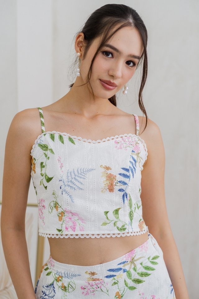 Kanani Camisole Floral Eyelet Crop Top in White