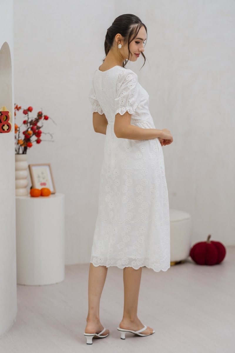 Florence Floral Eyelet Midi Dress in White (XS)