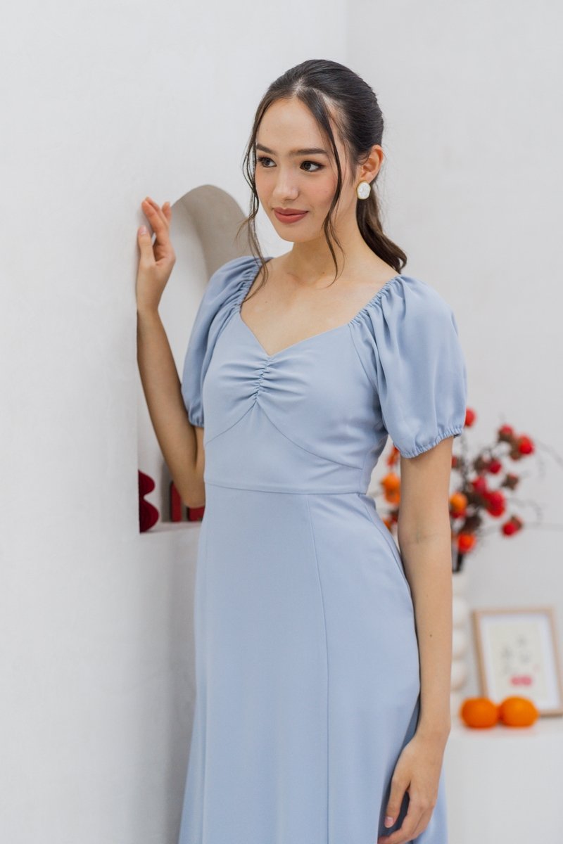 Madison Ruched Midi Dress in Powder Blue