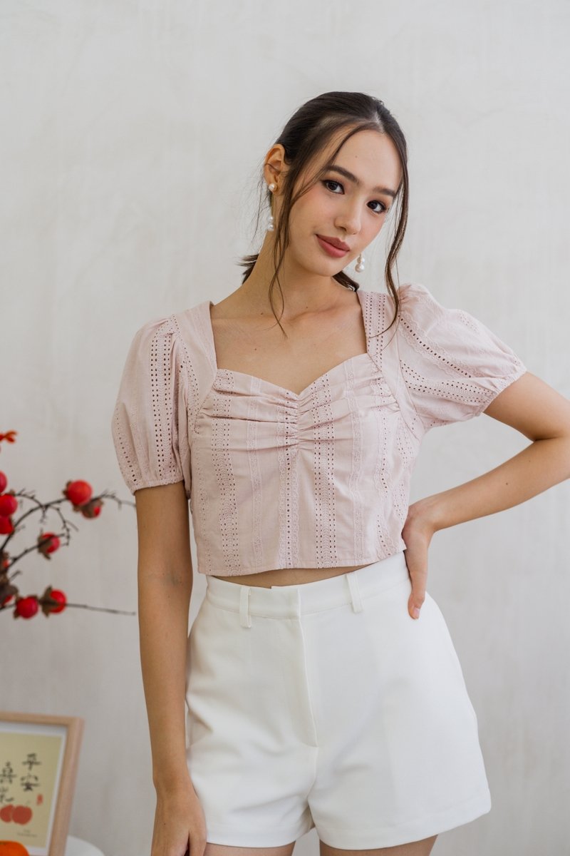 Cleo Eyelet Sweetheart Crop Top in Blush Pink (XS)