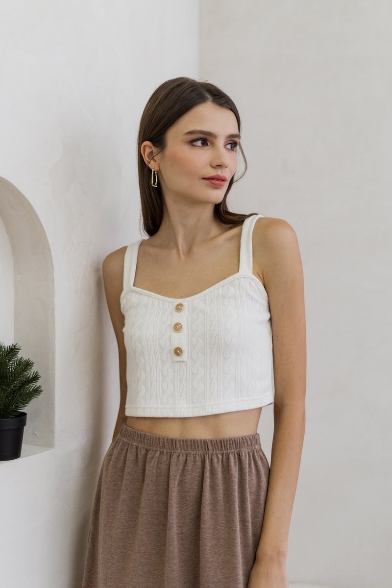 Nova Button Knit Crop Top in White