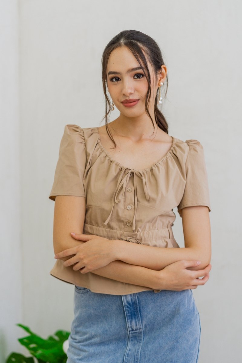 Arlet Tie Ribbon Babydoll Top in Khaki (XS)