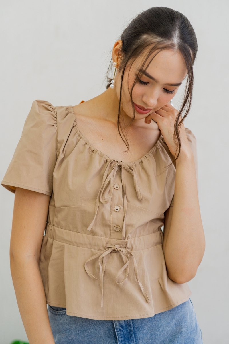 Arlet Tie Ribbon Babydoll Top in Khaki (XS)