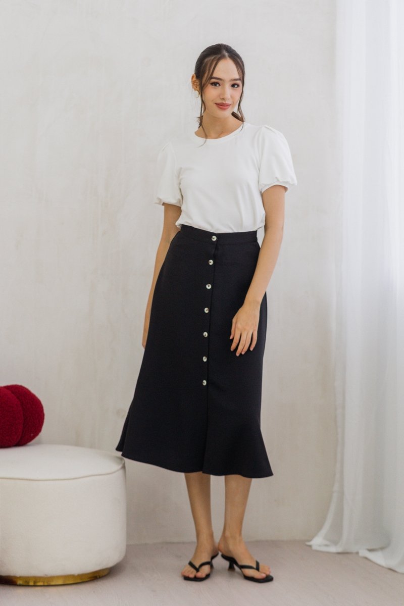 Corina Button Down Midi Skirt in Black (XS)
