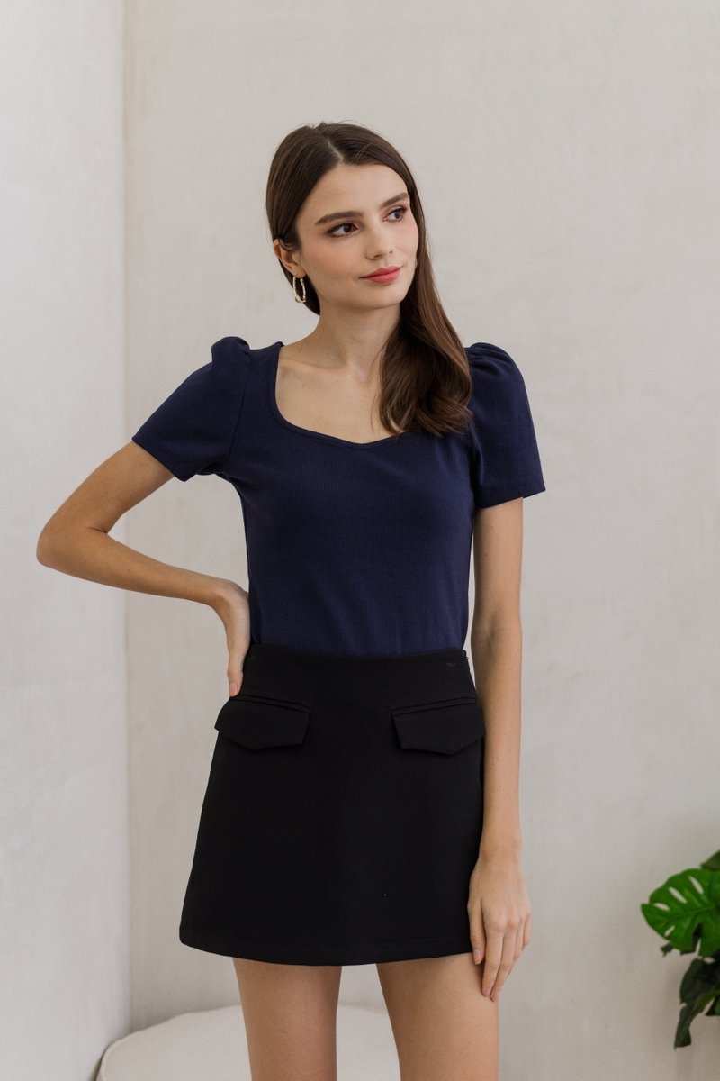 Izabel Ribbed Cotton Sweetheart Top in Navy (XS)