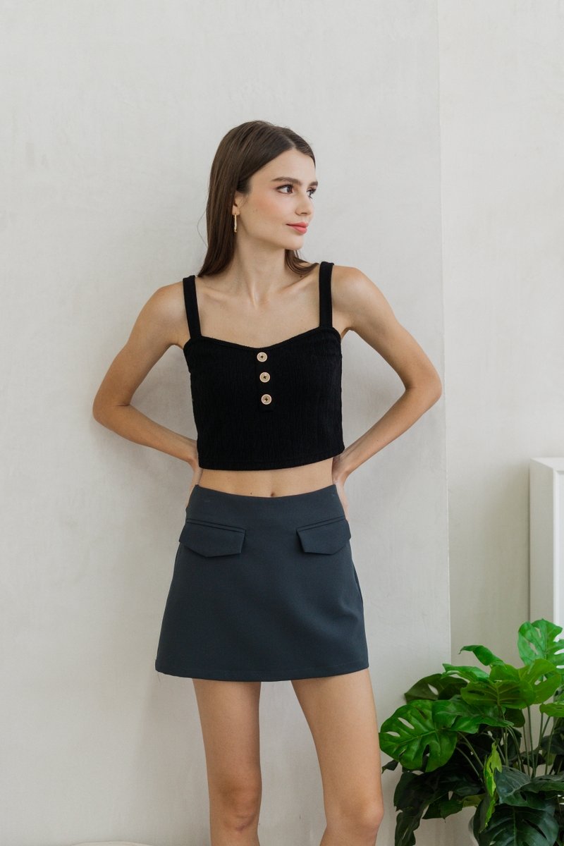 Nova Button Knit Crop Top in Black