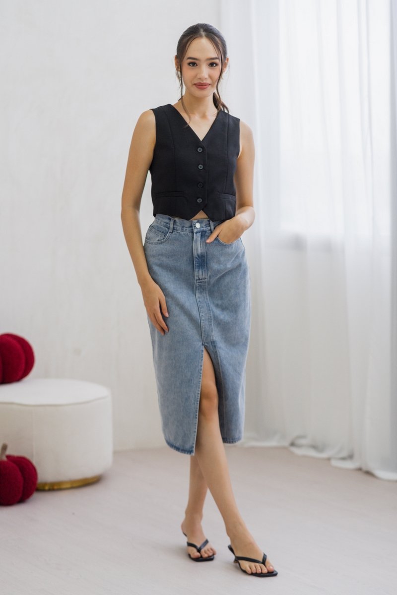 Iris Button Waistcoat in Black