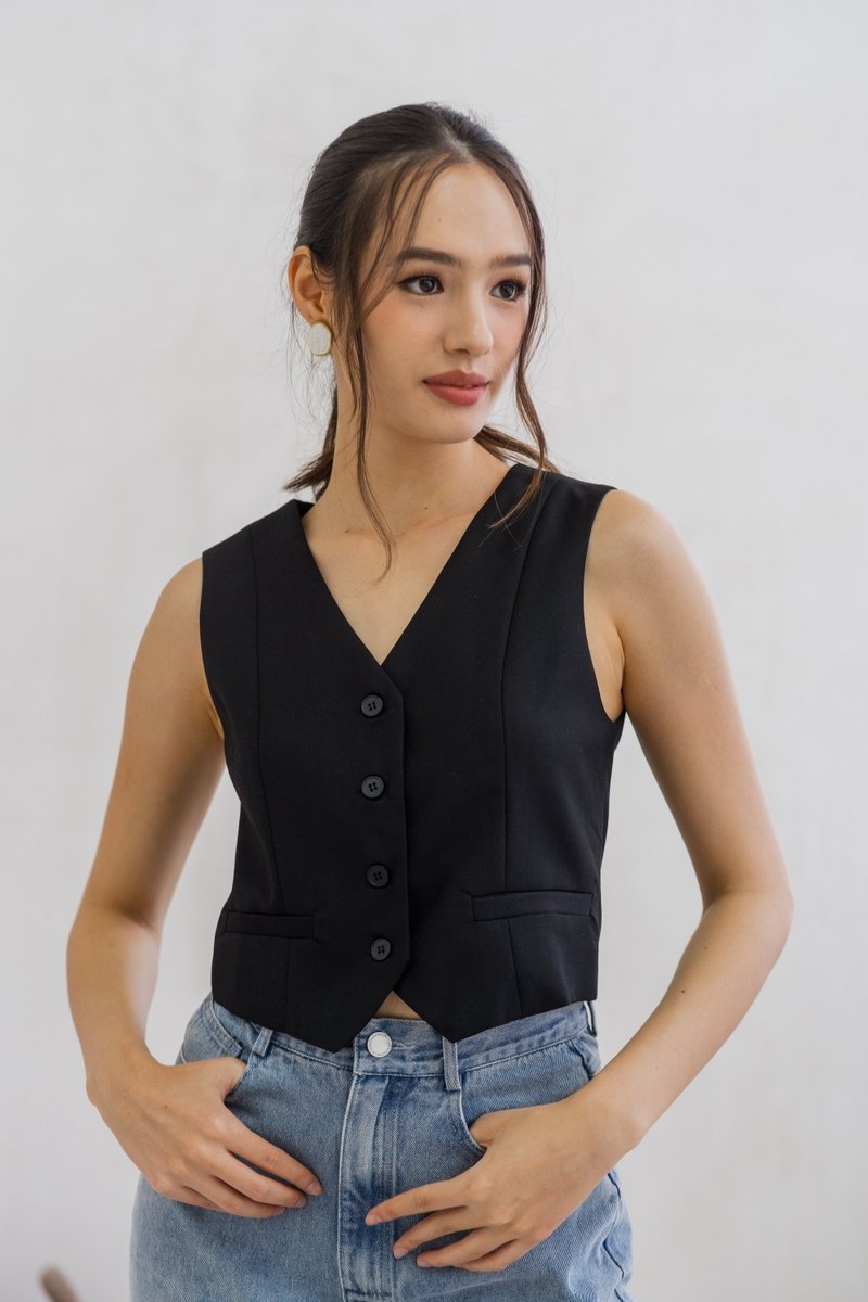 Iris Button Waistcoat in Black