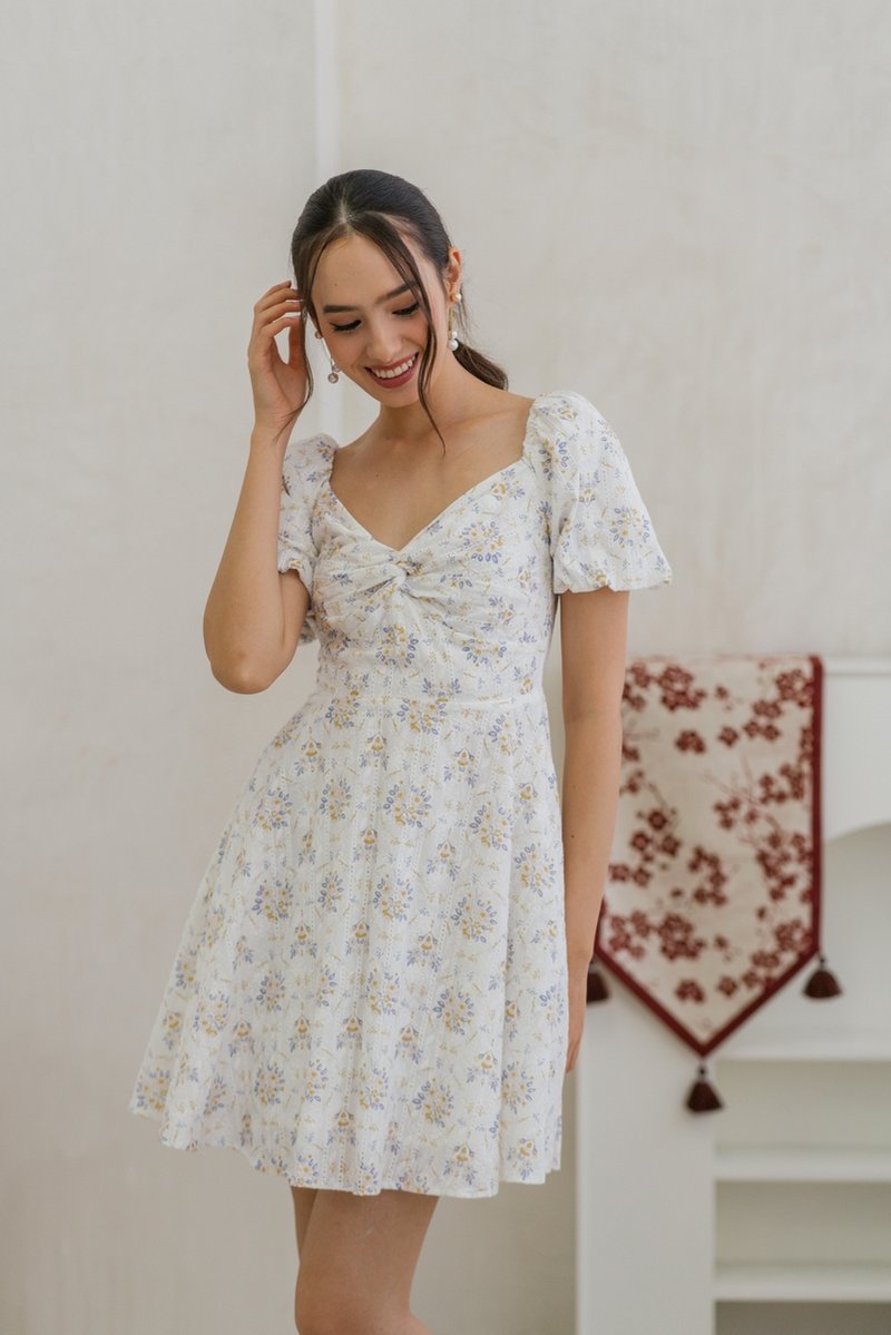 Skyler Twist Knot Flora Eyelet Dress in Pastel Lilac (XS)