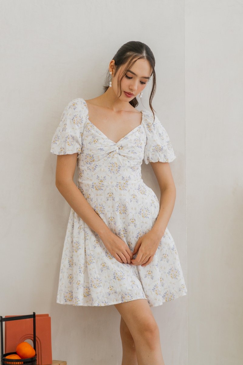 Skyler Twist Knot Flora Eyelet Dress in Pastel Lilac (XS)