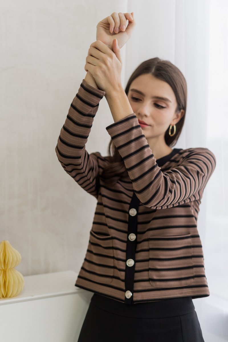 Klara Textured Stripes Cardigan in Khaki (XS)