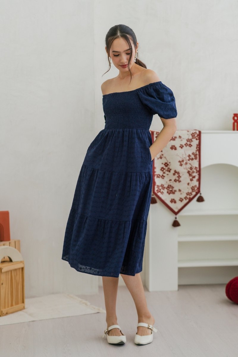 Faye Floral Eyelet Smocked Midi Dress in Navy (XS)