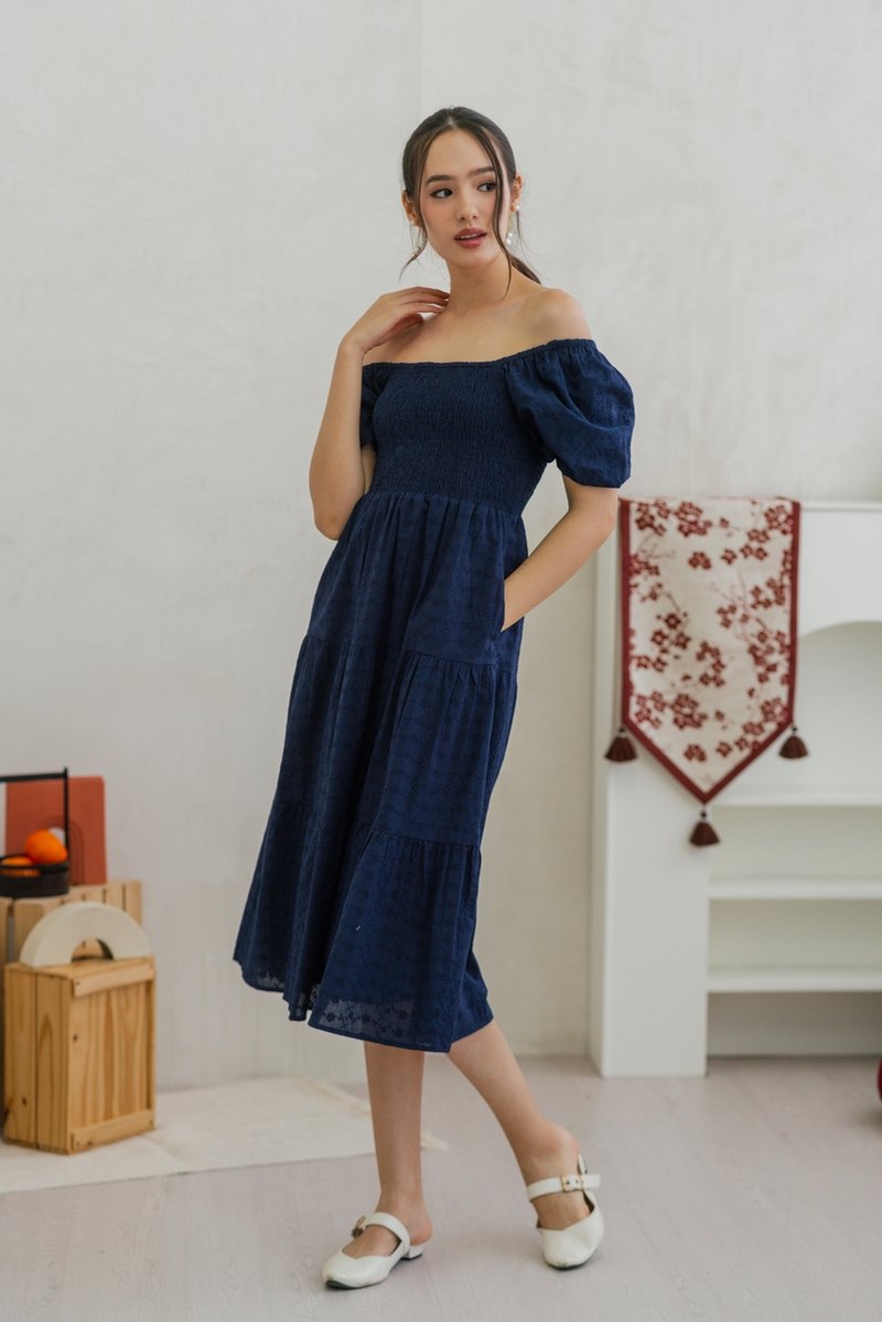 Faye Floral Eyelet Smocked Midi Dress in Navy (XS)
