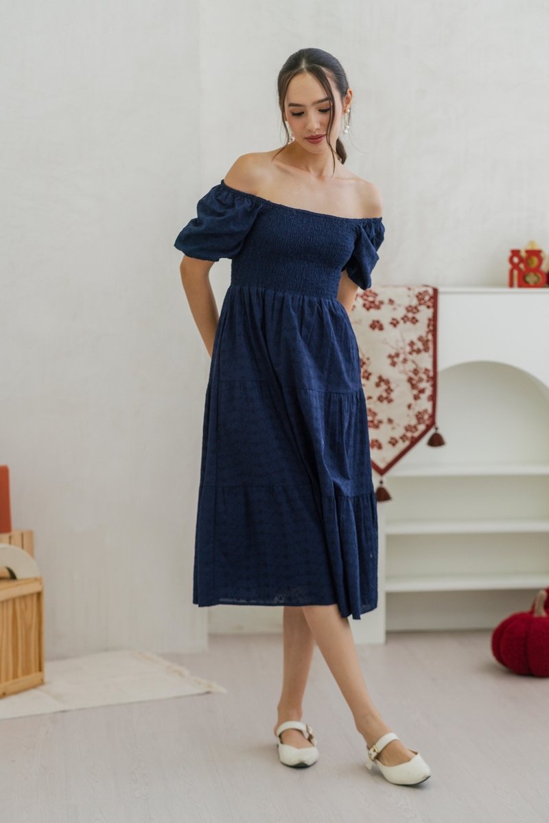 Faye Floral Eyelet Smocked Midi Dress in Navy (XS)