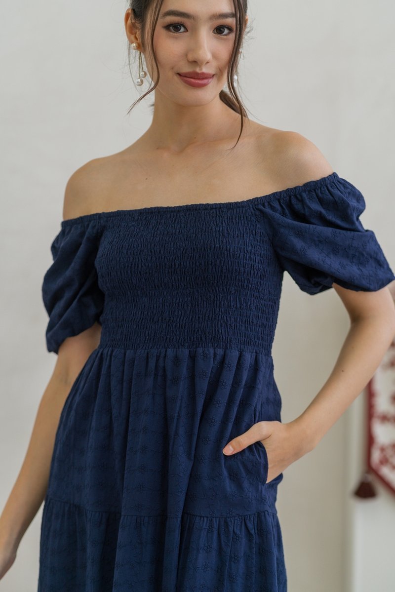 Faye Floral Eyelet Smocked Midi Dress in Navy (XS)
