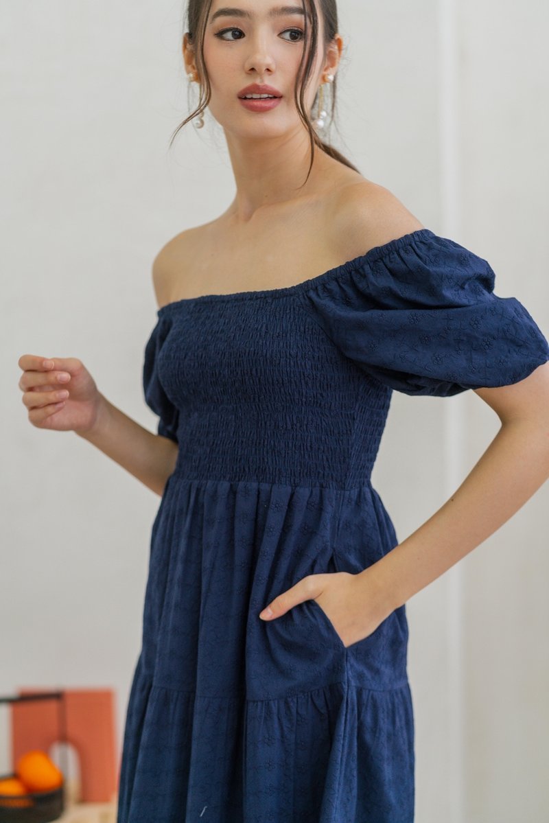 Faye Floral Eyelet Smocked Midi Dress in Navy (XS)