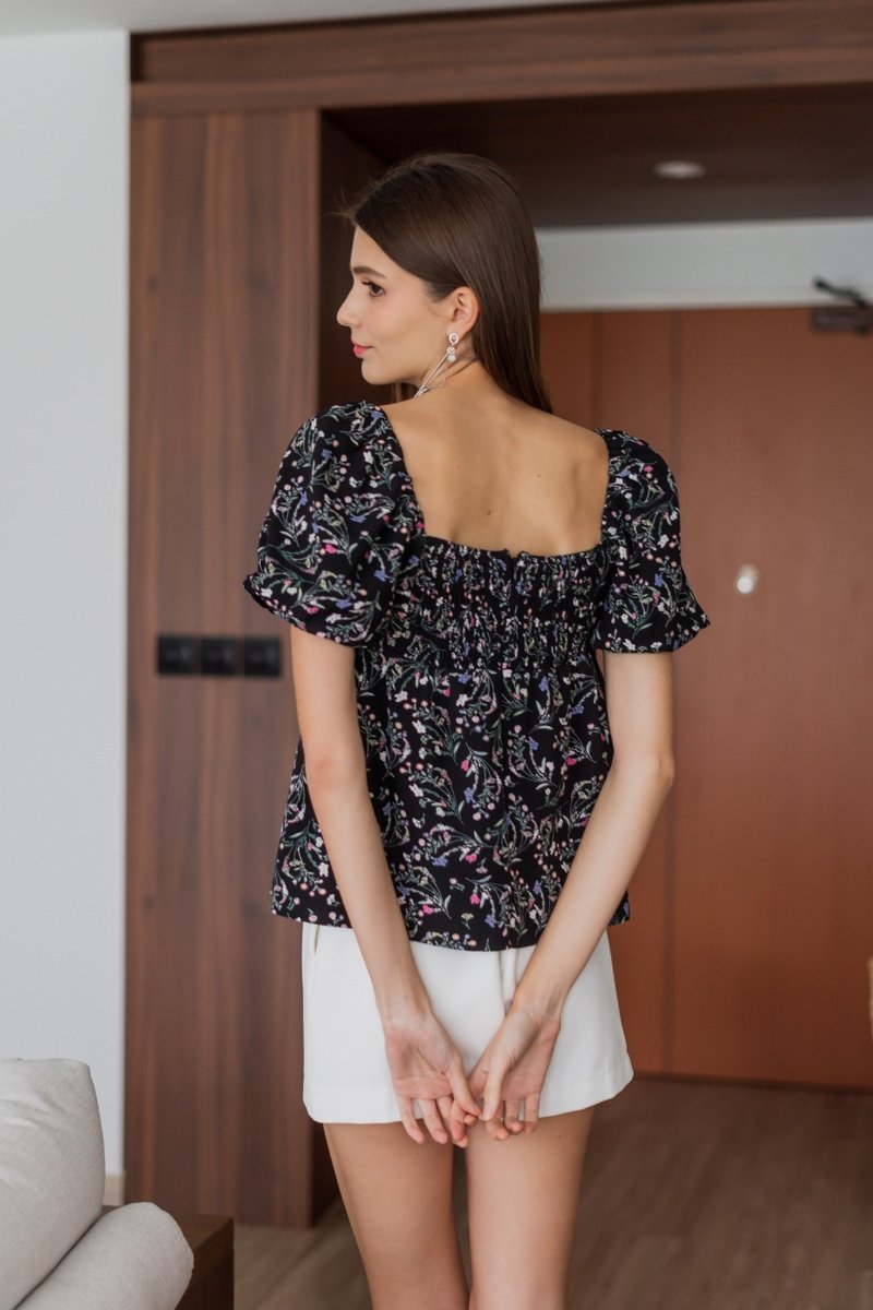 Fiorella Pleated Floral Top in Black (XS)
