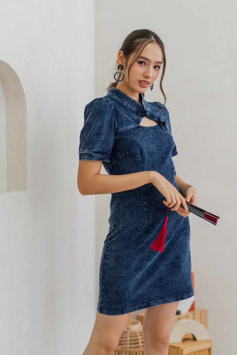 Celine Mandarin Collar Cheongsam Denim Dress (XS)