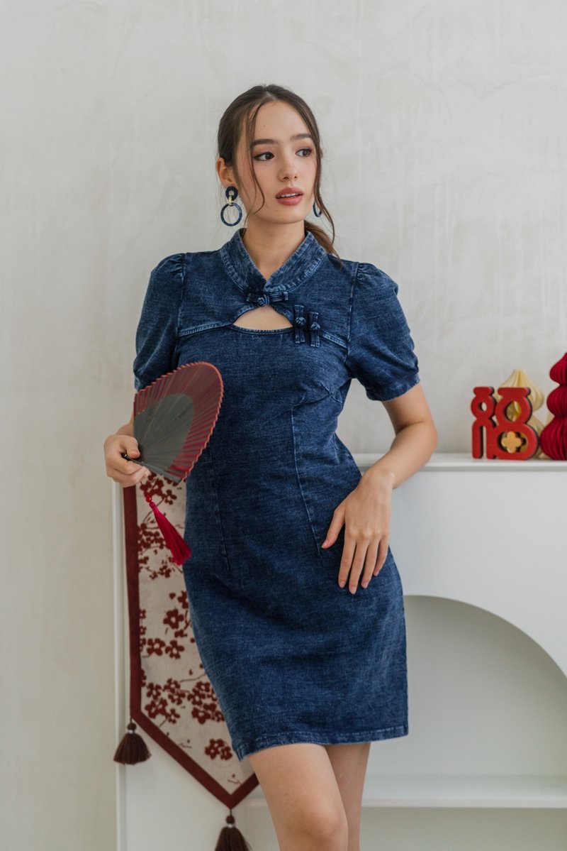 Celine Mandarin Collar Cheongsam Denim Dress (XS)