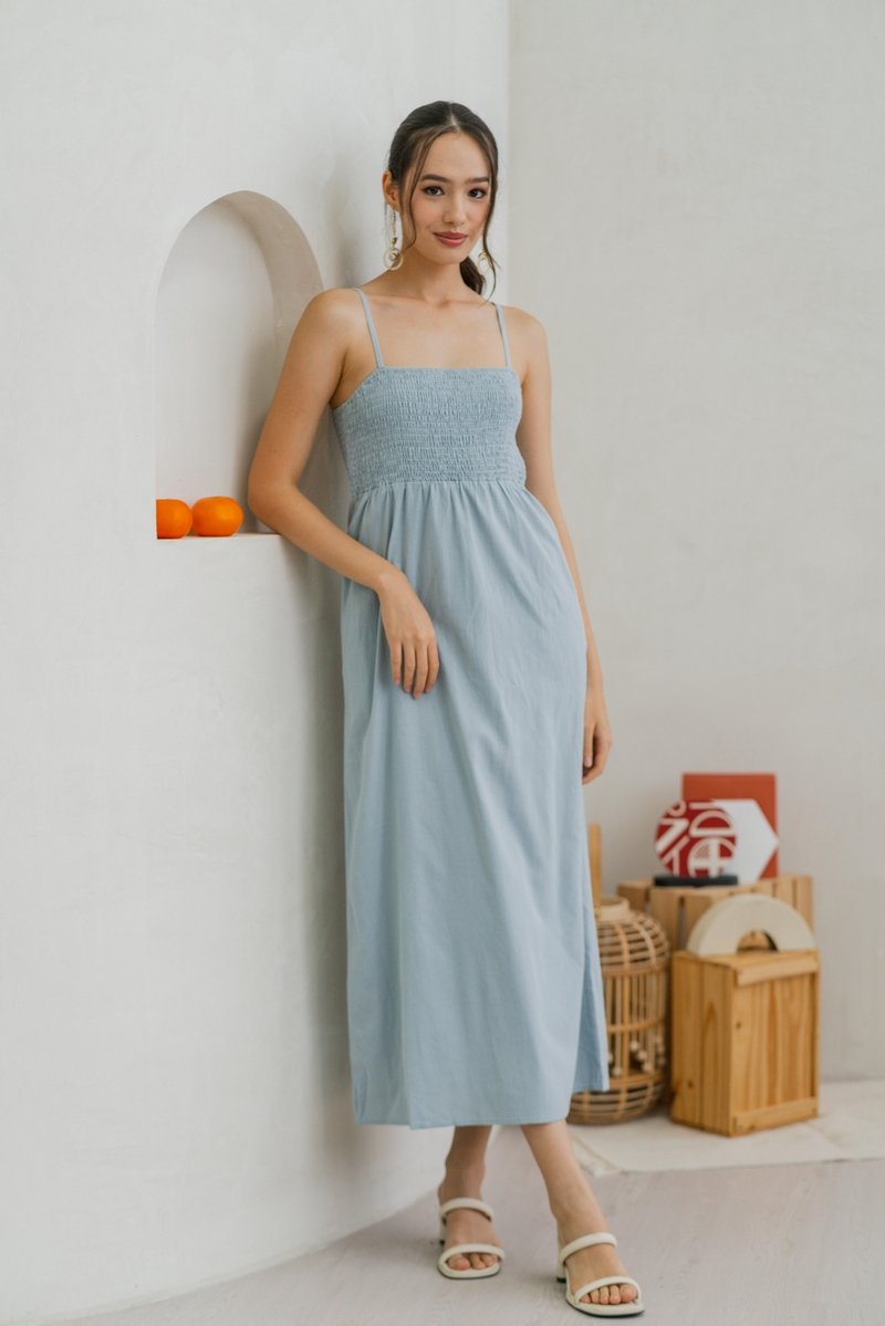 Maxine Camisole Smocked Maxi Dress in Blue