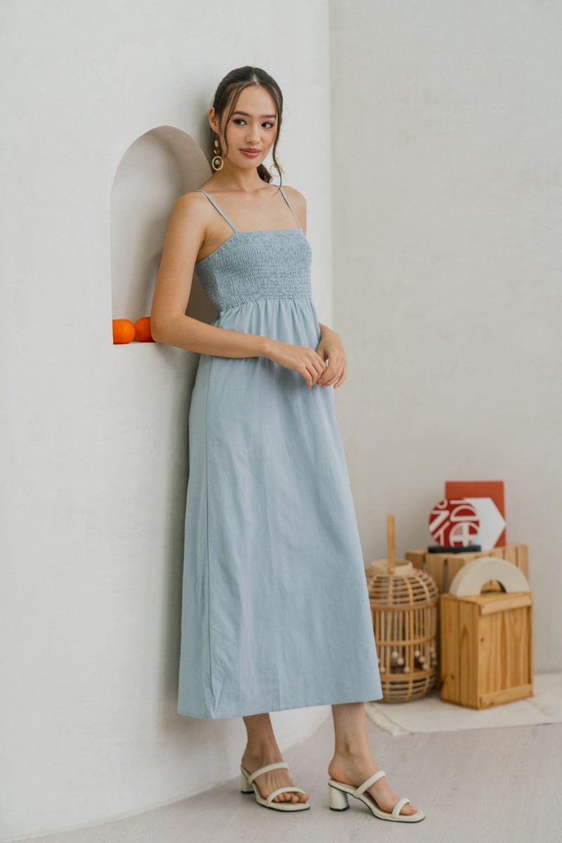 Maxine Camisole Smocked Maxi Dress in Blue