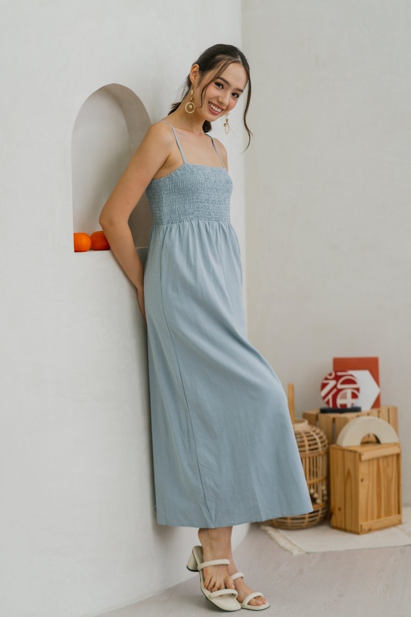 Maxine Camisole Smocked Maxi Dress in Blue