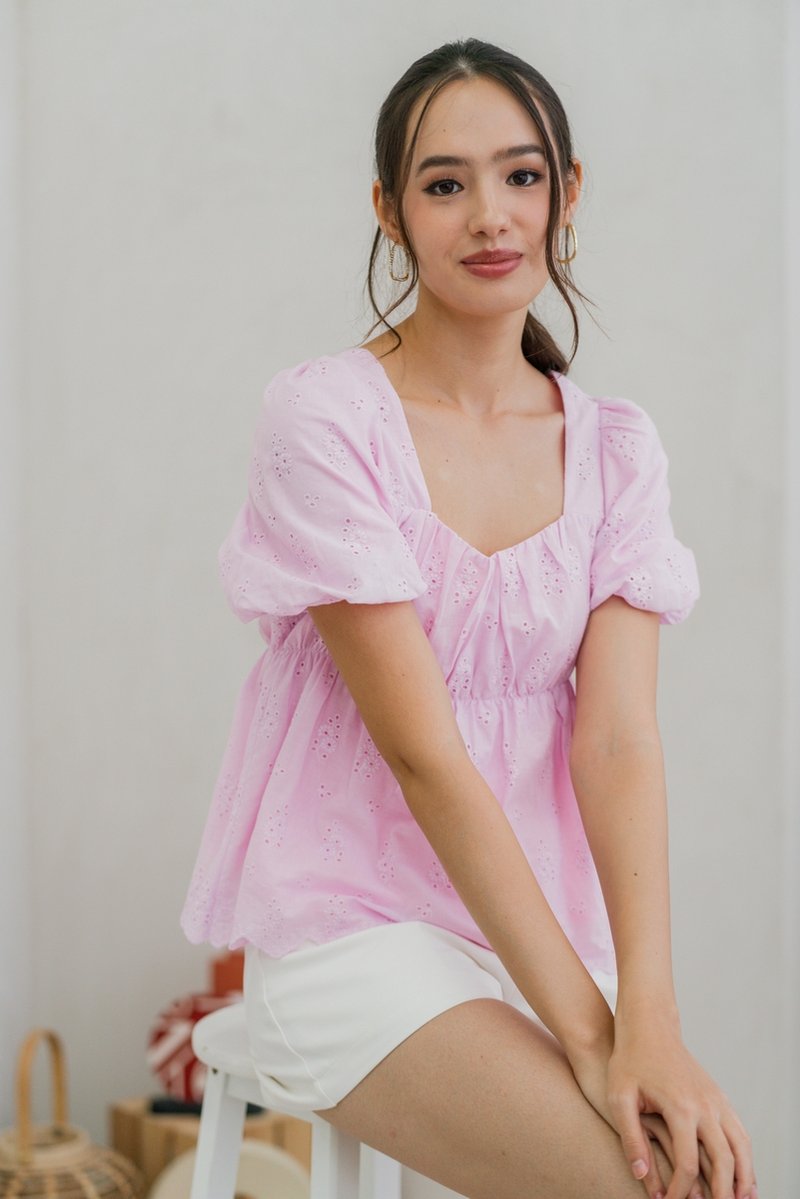 Harper Eyelet Tie Ribbon Top in Pink (XS)