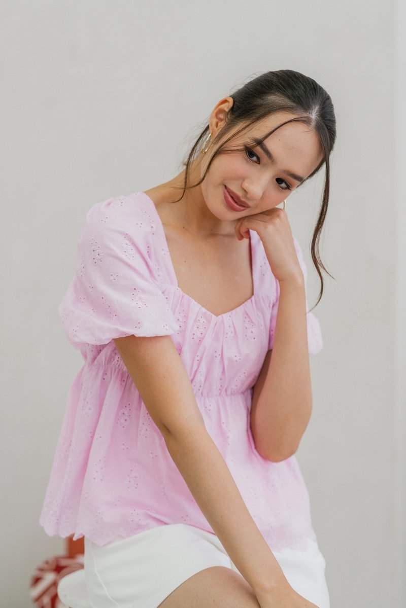 Harper Eyelet Tie Ribbon Top in Pink (XS)