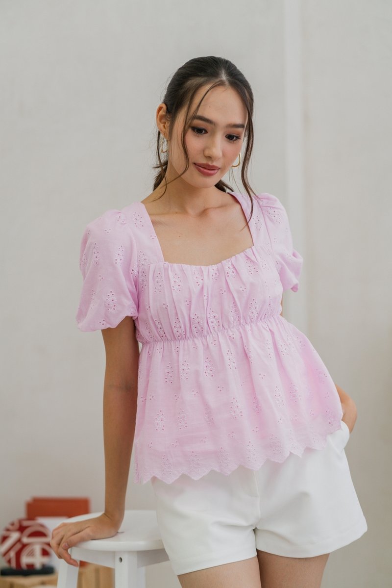Harper Eyelet Tie Ribbon Top in Pink (XS)