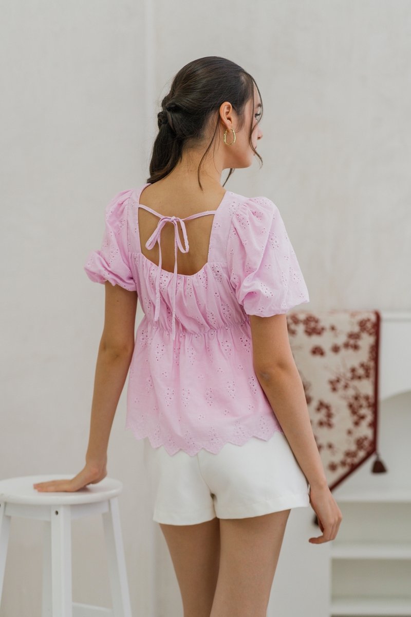 Harper Eyelet Tie Ribbon Top in Pink (XS)