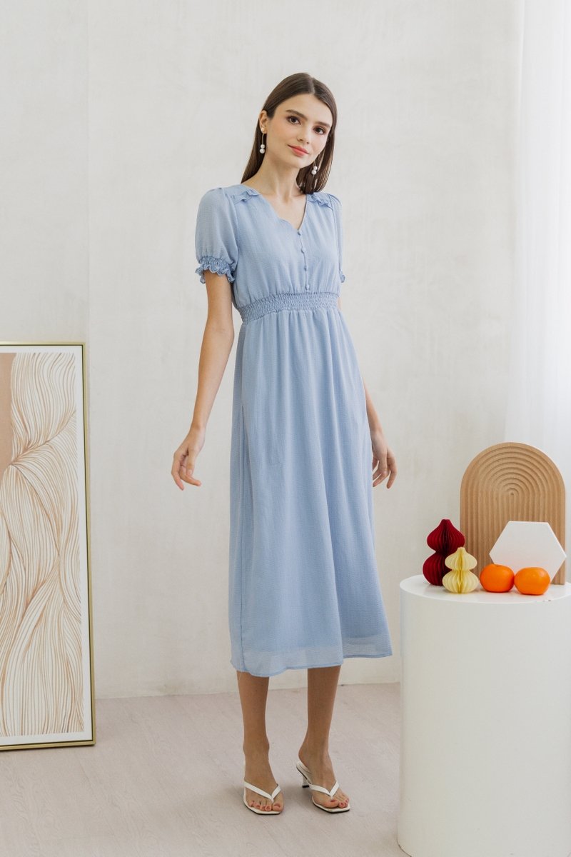 Leah Textured Button Maxi Dress in Powder Blue (XS)