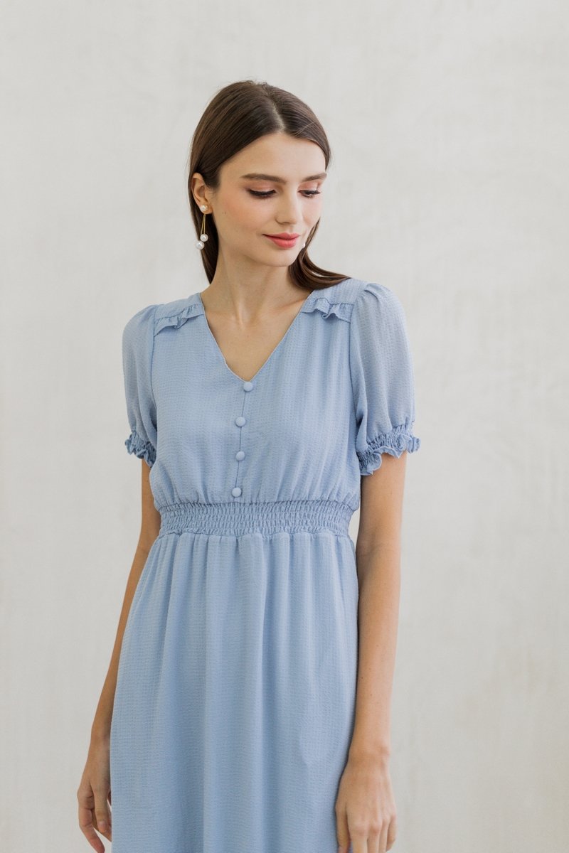 Leah Textured Button Maxi Dress in Powder Blue (XS)