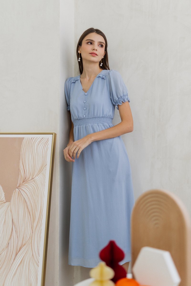 Leah Textured Button Maxi Dress in Powder Blue (XS)