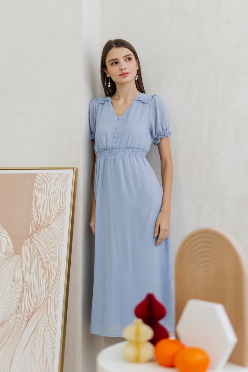Leah Textured Button Maxi Dress in Powder Blue (XS)