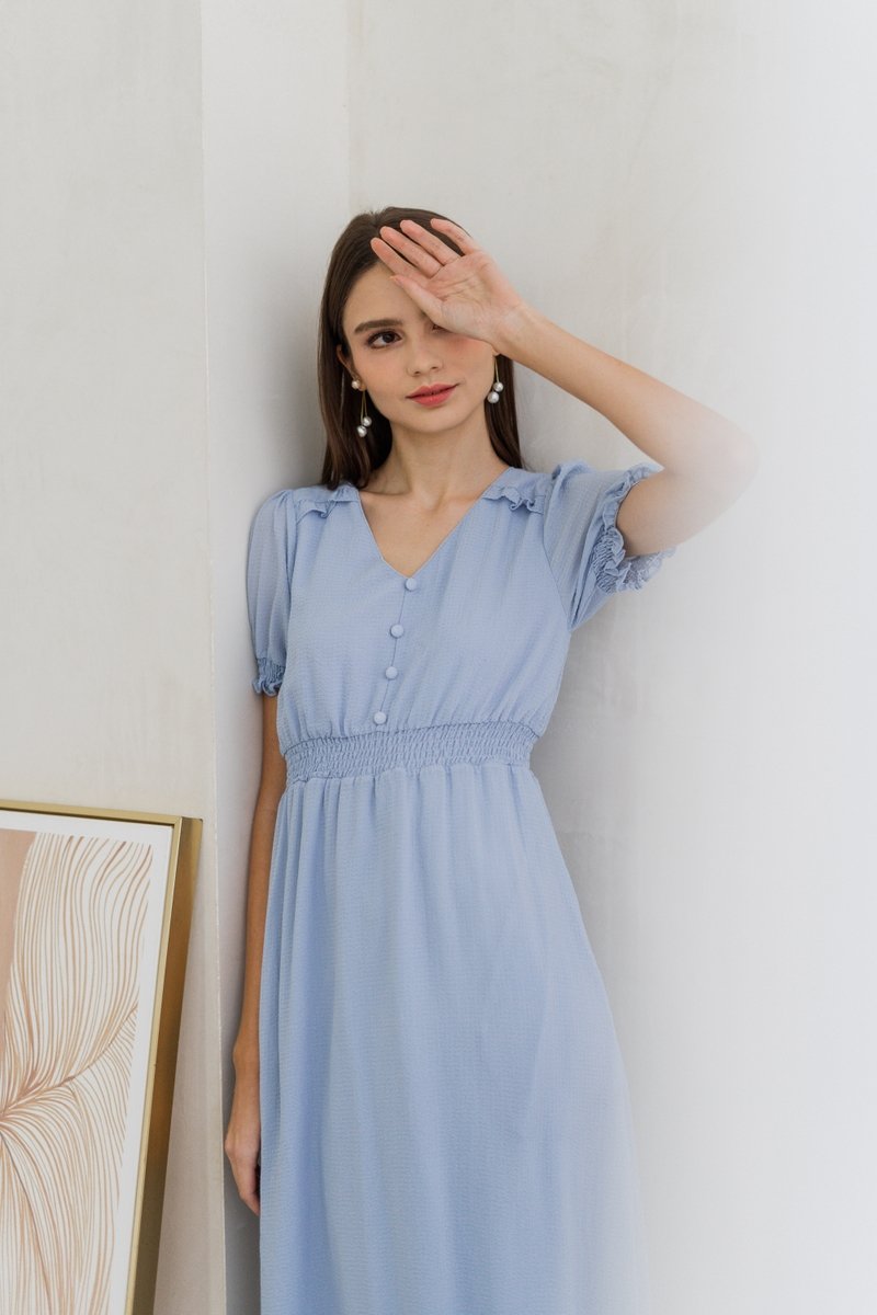 Leah Textured Button Maxi Dress in Powder Blue (XS)