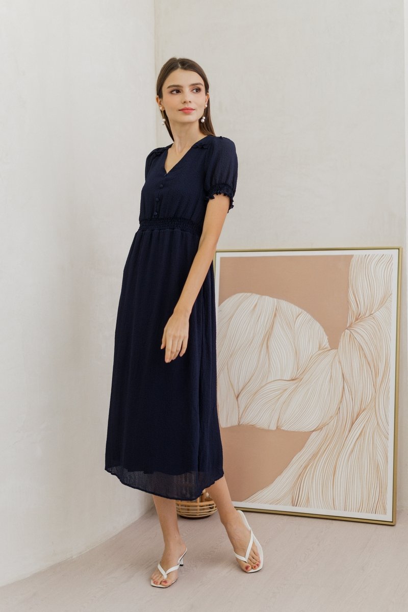 Leah Textured Button Maxi Dress in Navy (XS)