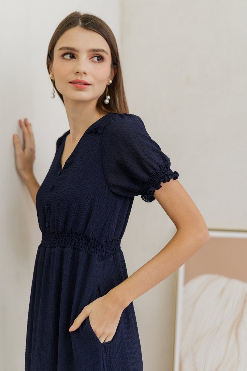 Leah Textured Button Maxi Dress in Navy (XS)