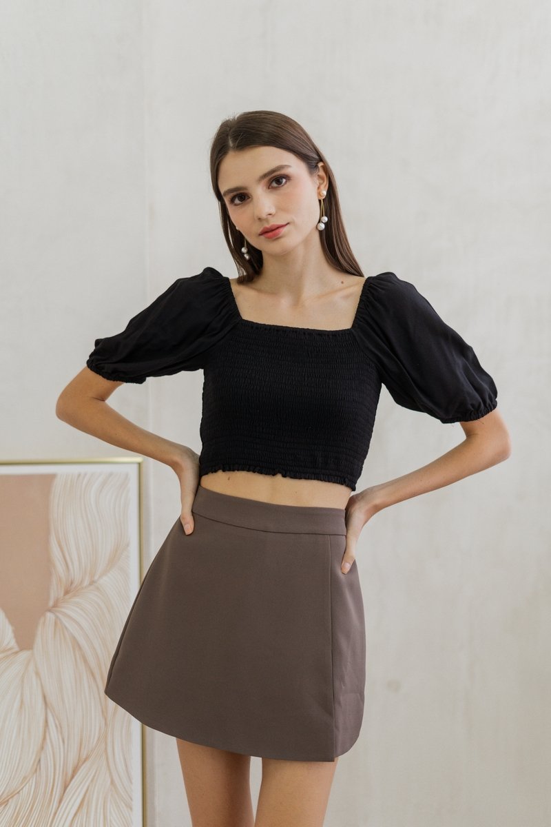 Sonia Smocked Puff Sleeve Top in Black (XS)