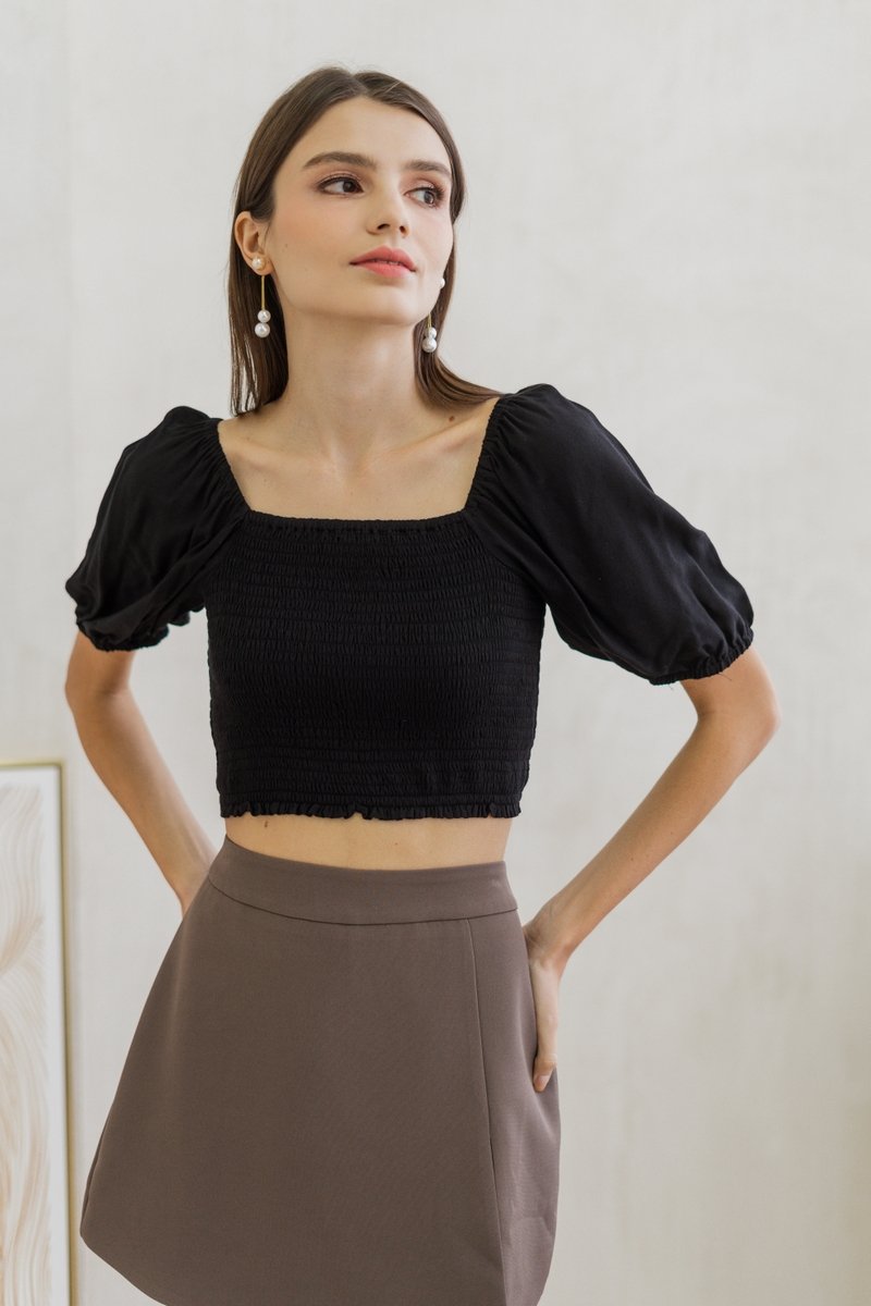 Sonia Smocked Puff Sleeve Top in Black (XS)