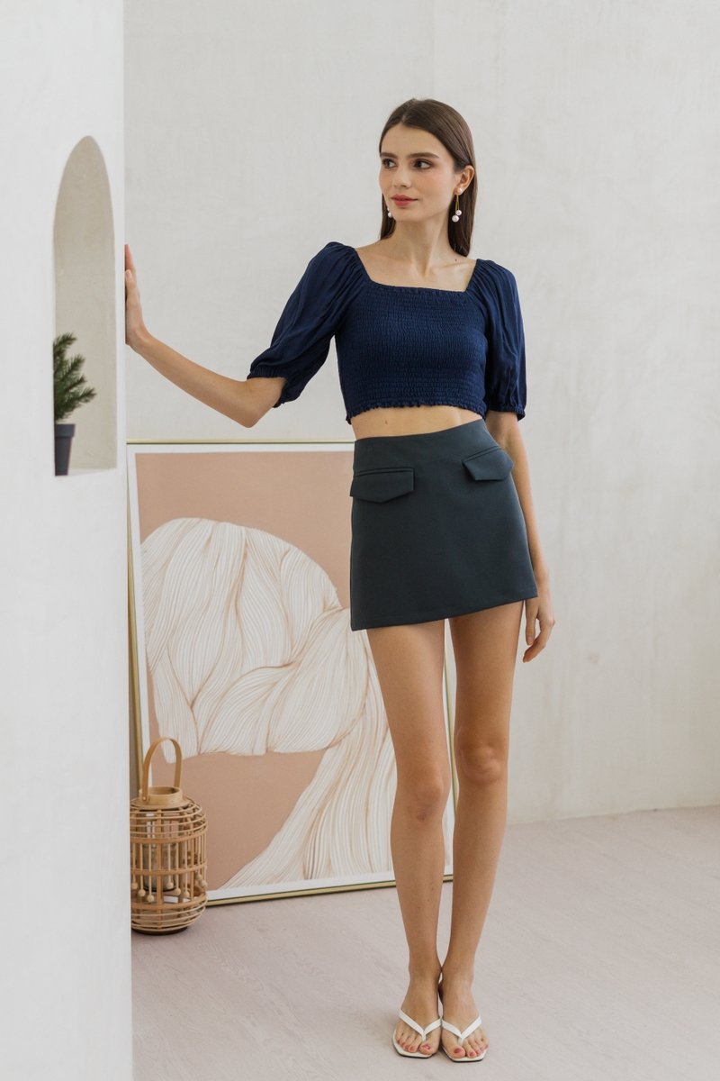 Sonia Smocked Puff Sleeve Top in Navy (XS)