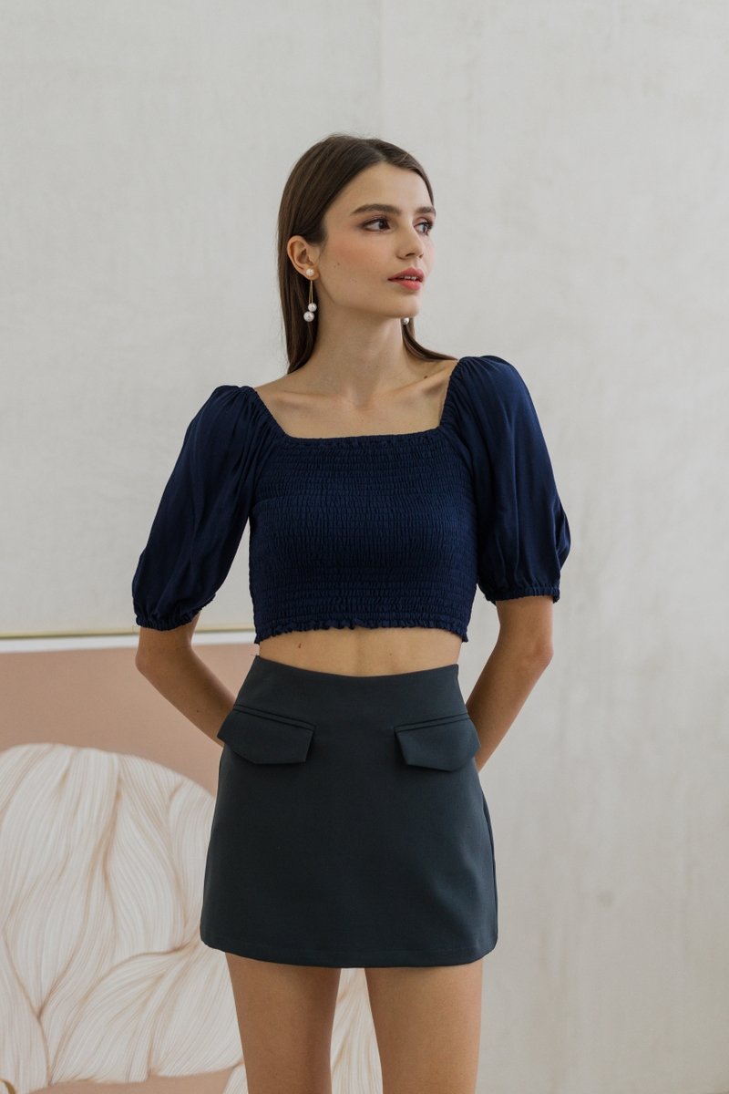 Sonia Smocked Puff Sleeve Top in Navy (XS)